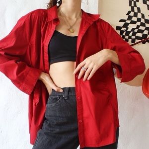 Abercrombie Red Oxford Button Up Oversized Shirt, XXS
